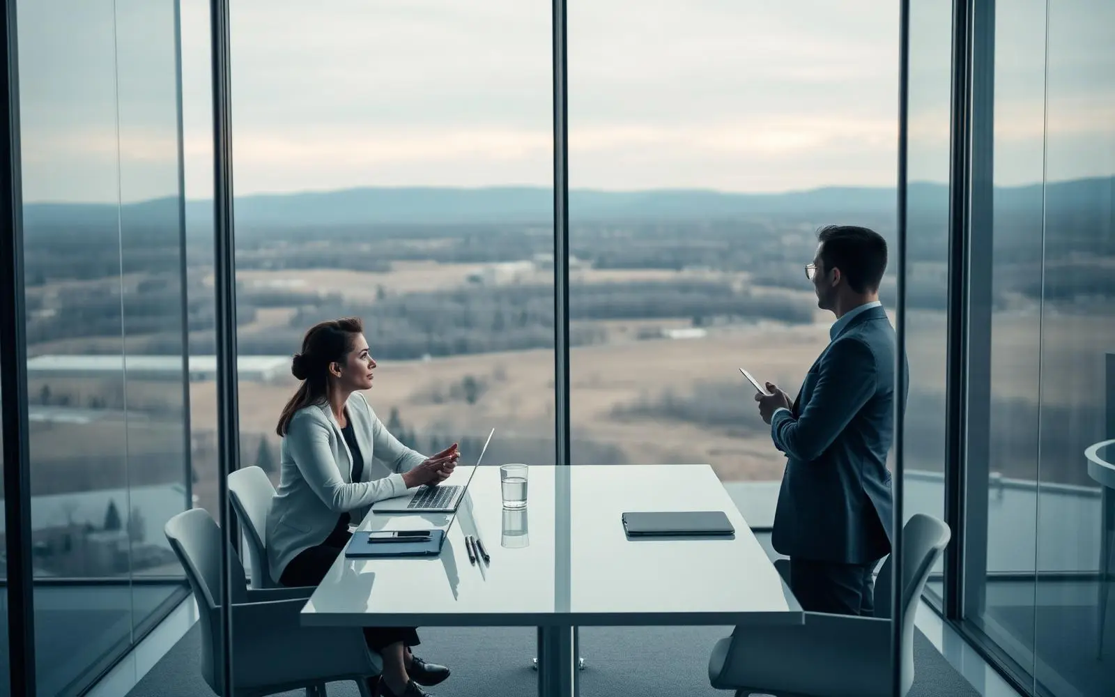 Consulting team meeting in a modern glass office