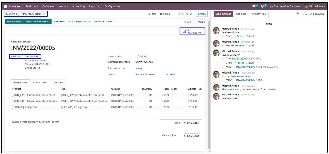 Confirming the selection triggers the creation of a consolidated invoice for the chosen sales orders