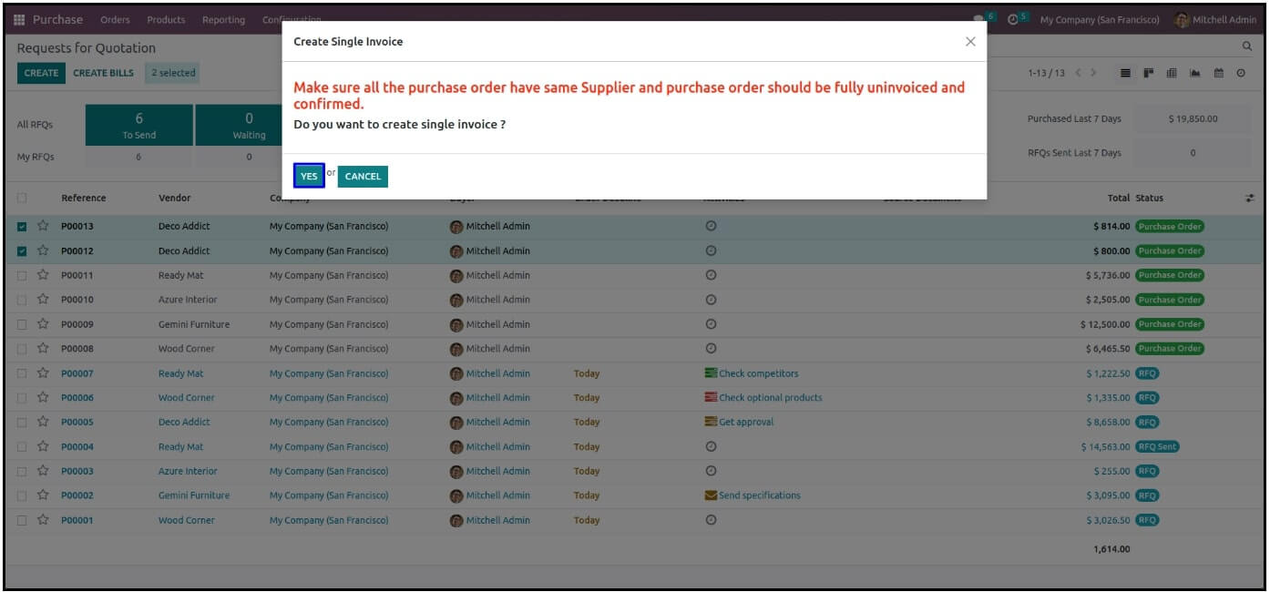 Similar to the sales order process, users can create a single invoice from multiple purchase orders