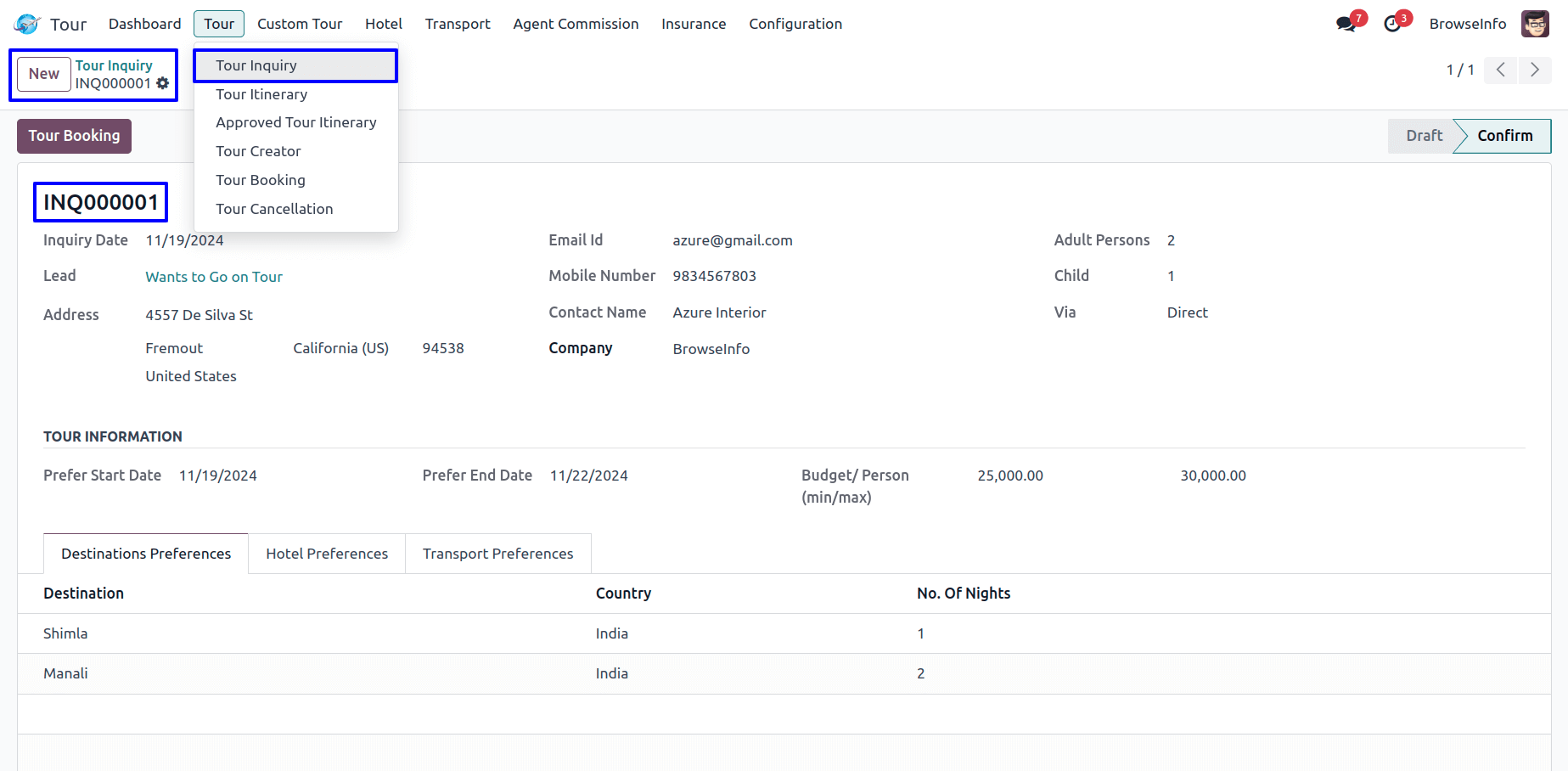 Odoo tour inquiry form displaying customer details and travel preferences