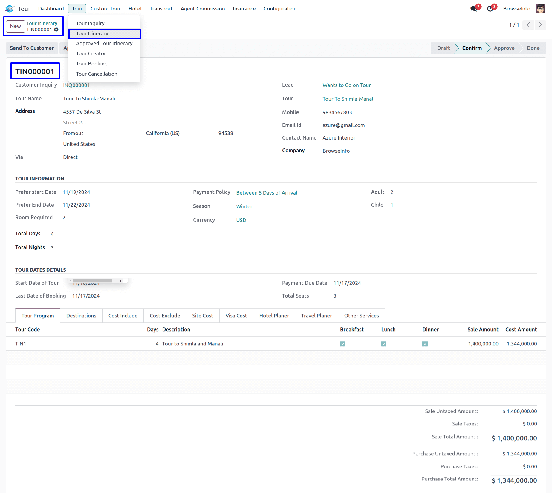 Odoo tour itinerary form showing customer travel details and booking costs