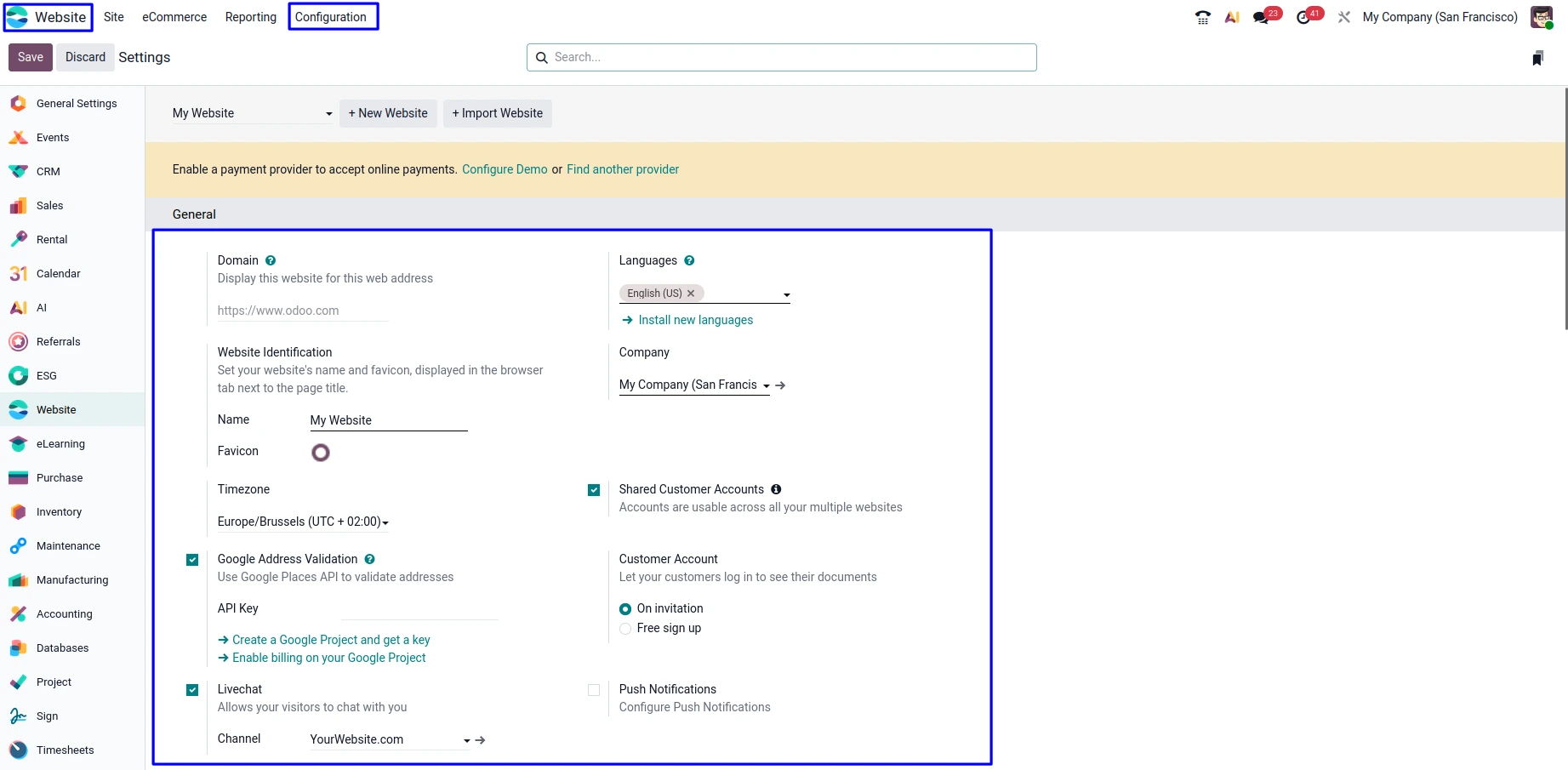 Configure Website Settings